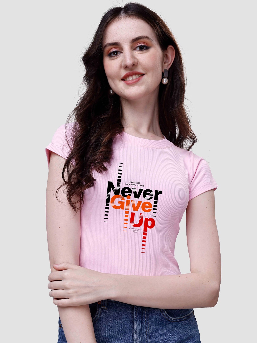 

VENISA Typography Printed Ribbed Slim Fit T-Shirt, Pink