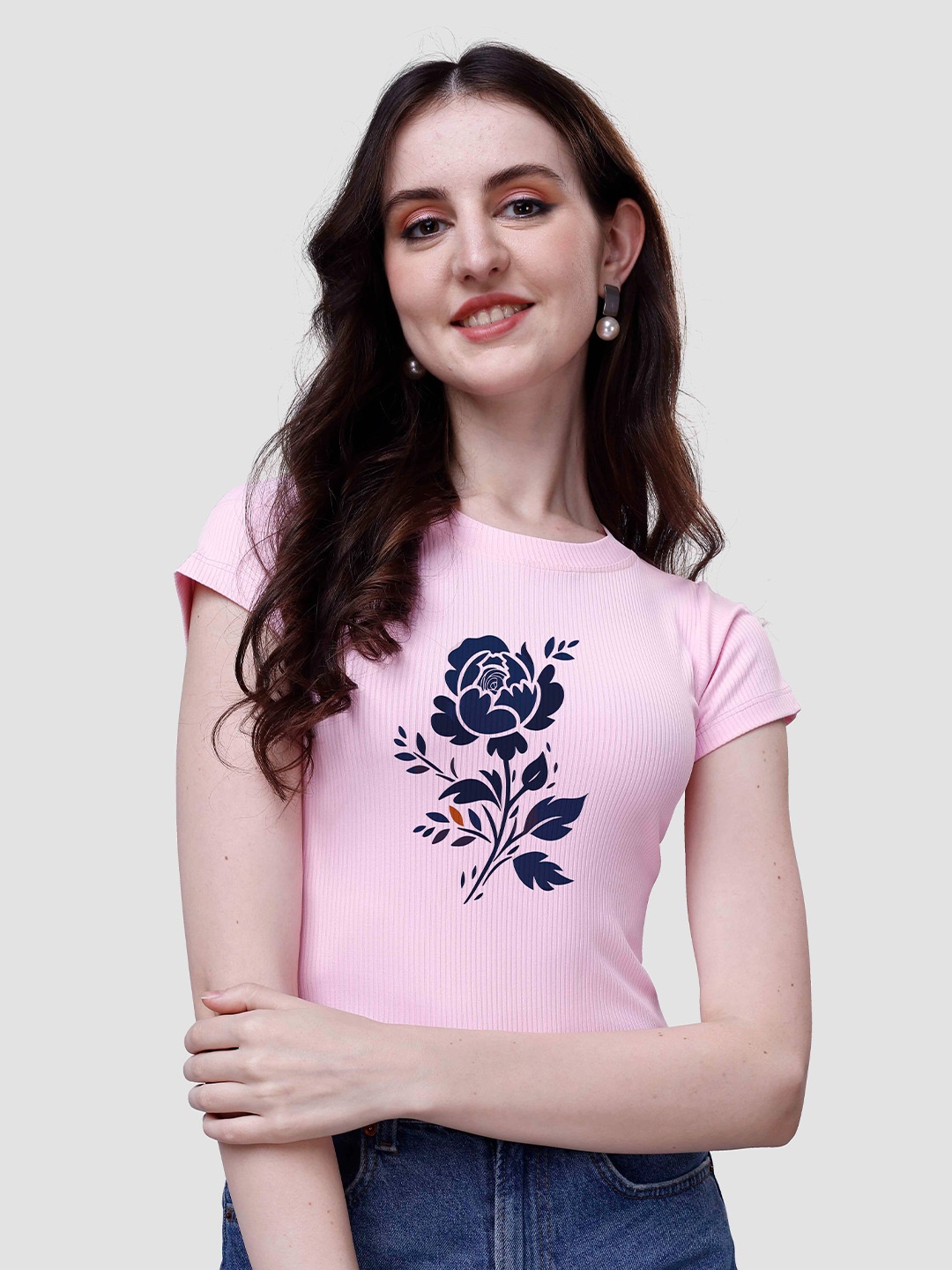 

VENISA Floral Printed Slim Fit T-shirt, Pink