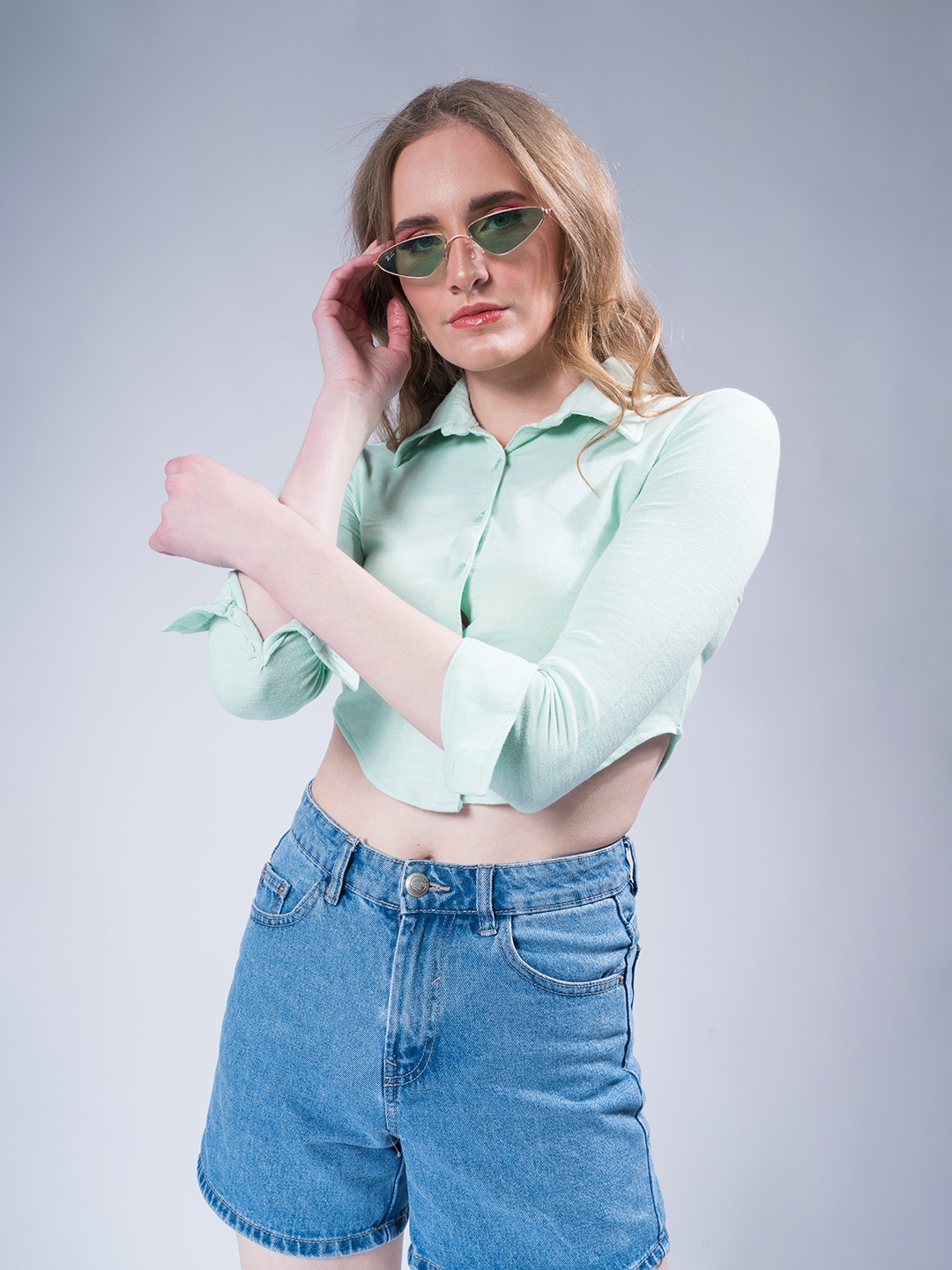 

Stylecast X Hersheinbox Crop Curved Hem Casual Shirt, Blue