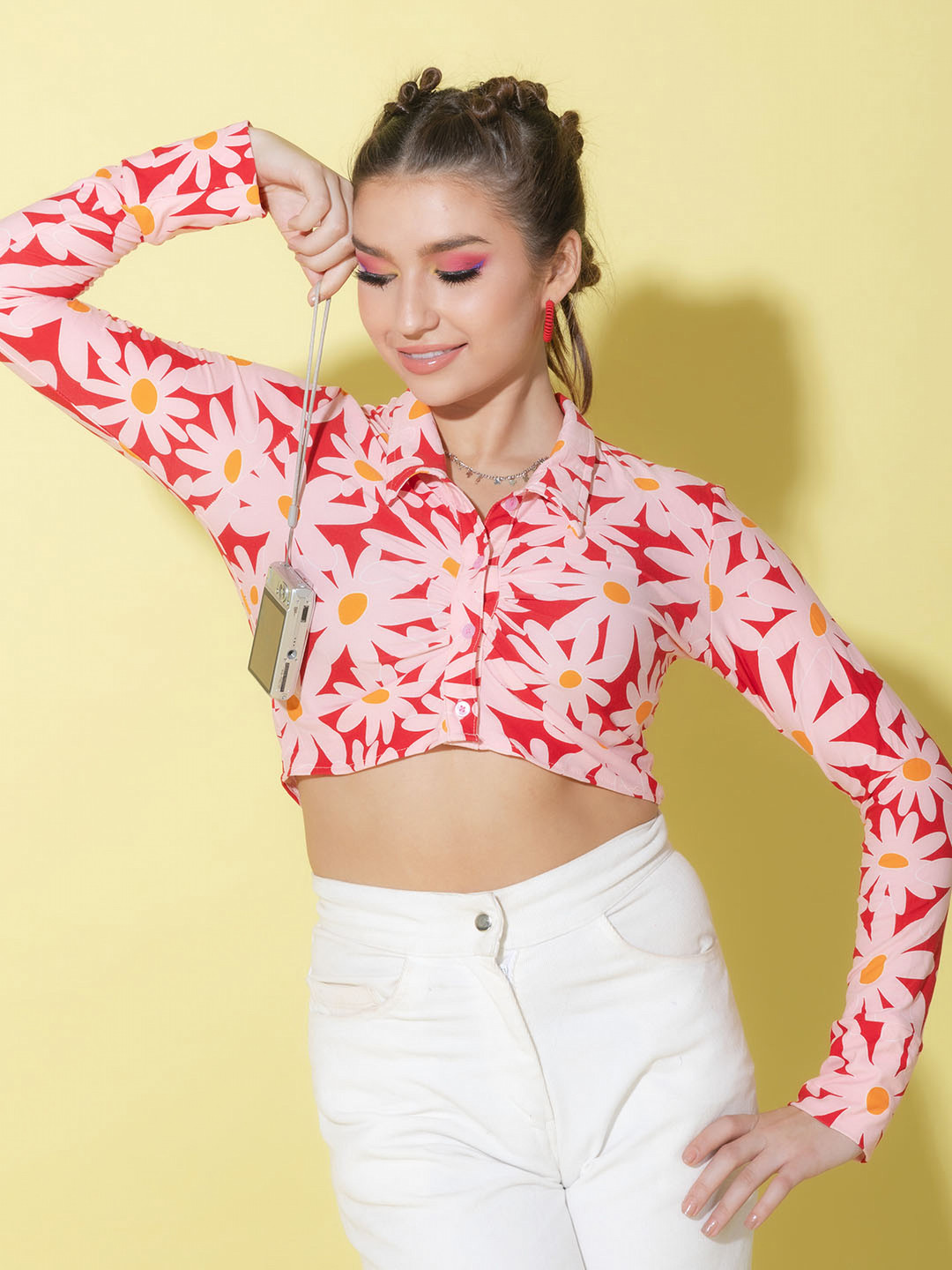 

Stylecast X Hersheinbox Floral Print Shirt Style Crop Top, Pink