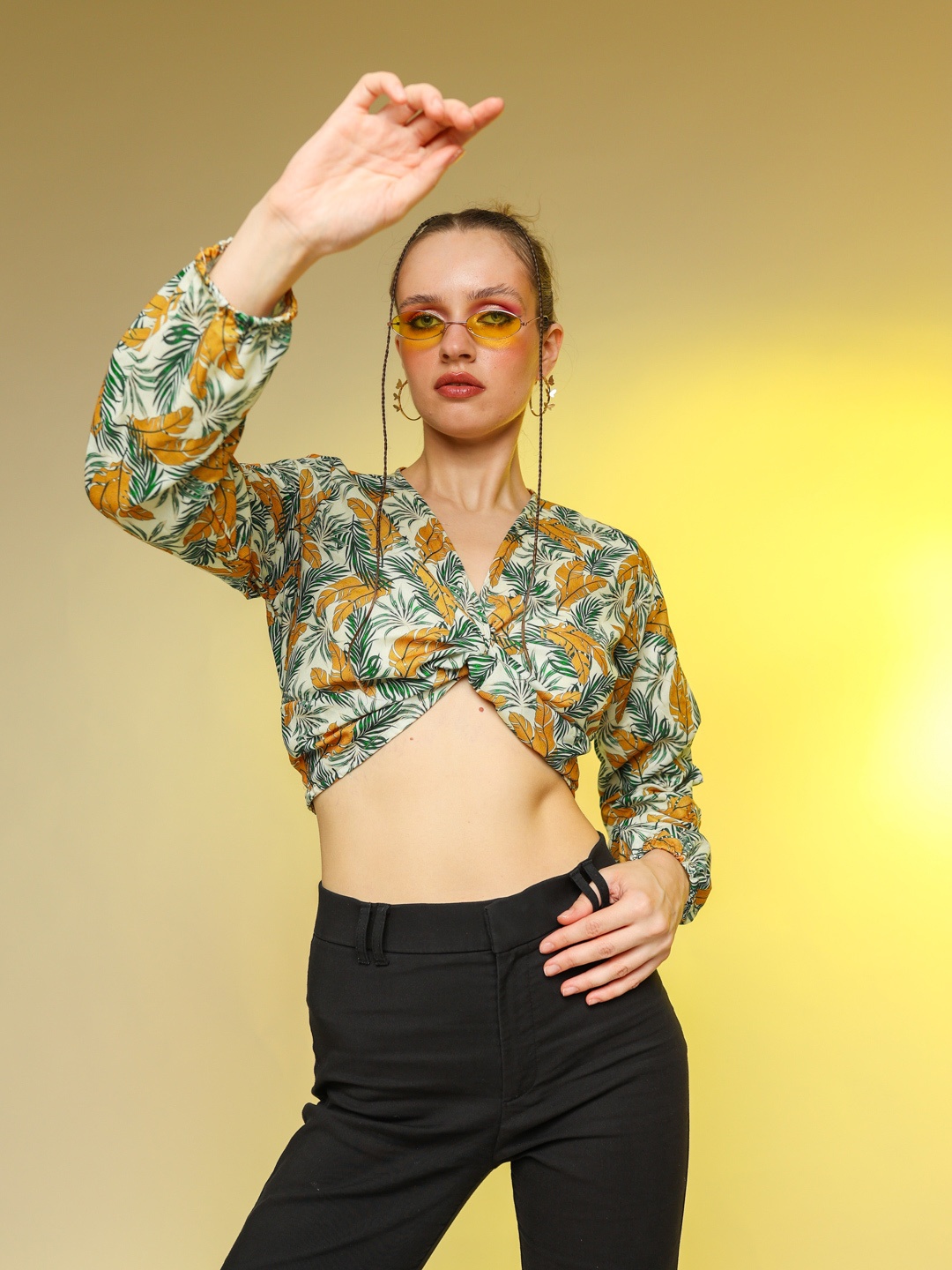 

Stylecast X Hersheinbox Floral Print Twisted Crop Top, Mustard
