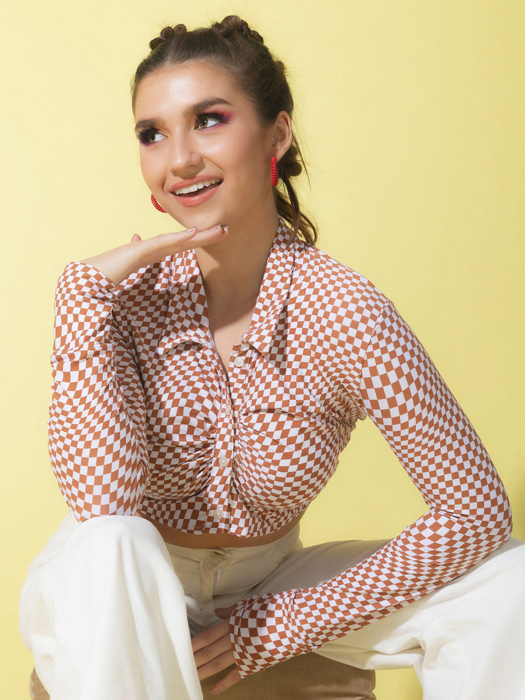 

Stylecast X Hersheinbox Checked Shirt Style Ruched Crop Top, Brown