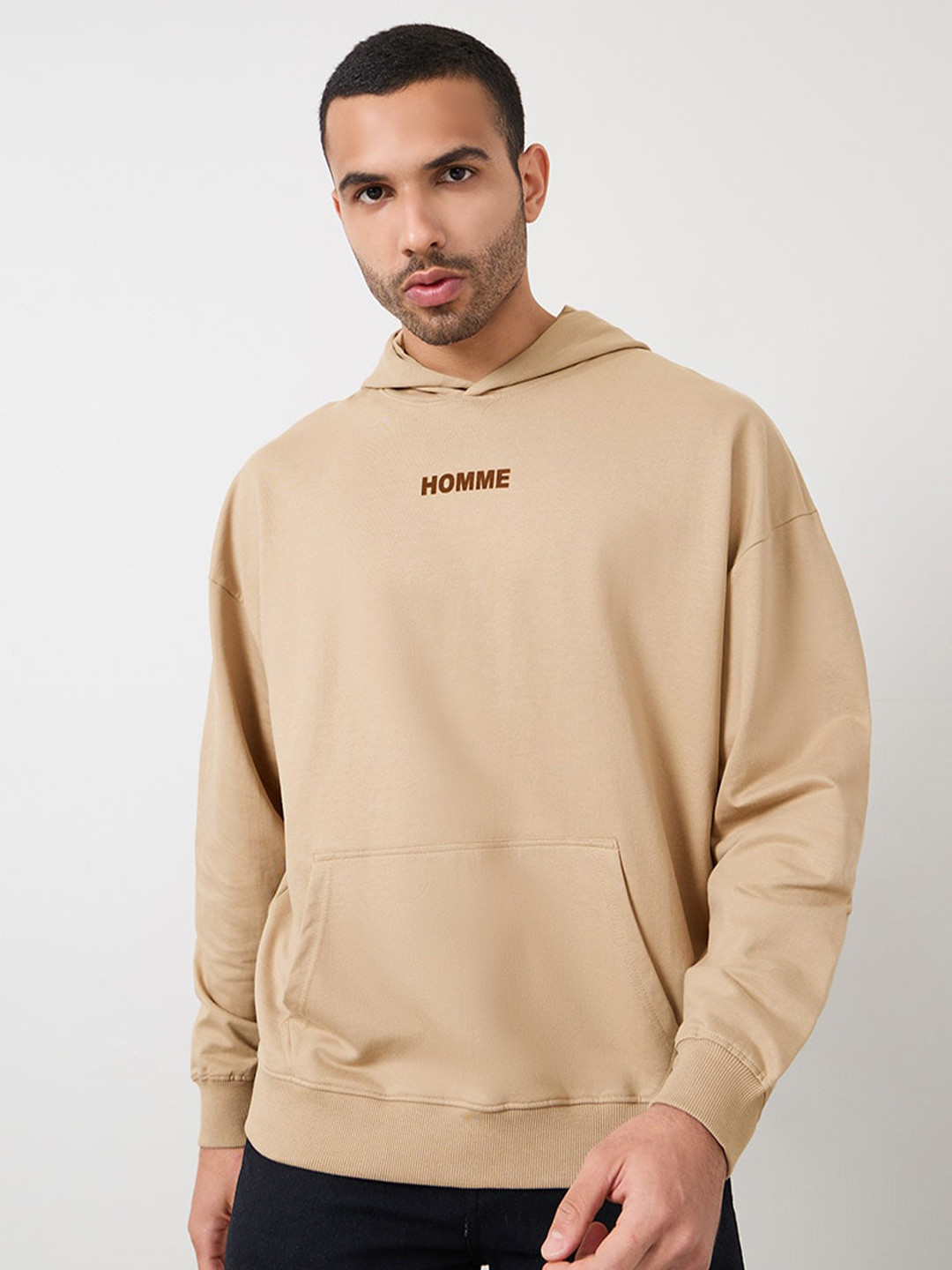 

Styli Hooded Long Sleeves Oversized Pure Cotton Sweatshirt, Beige