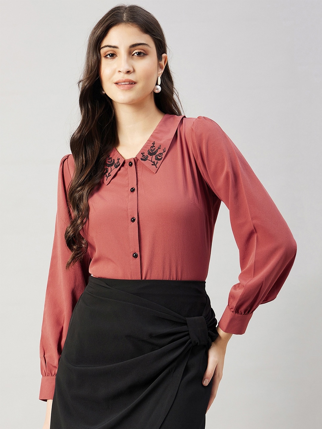 

WineRed Floral Embroidered Shirt Style Top, Pink