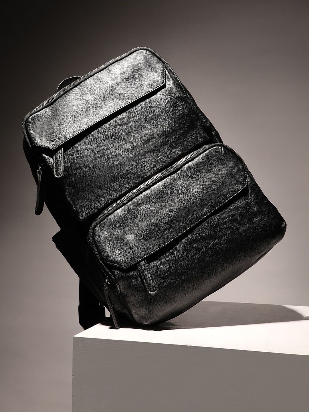 

French Accent Men Leather Backpack, Black