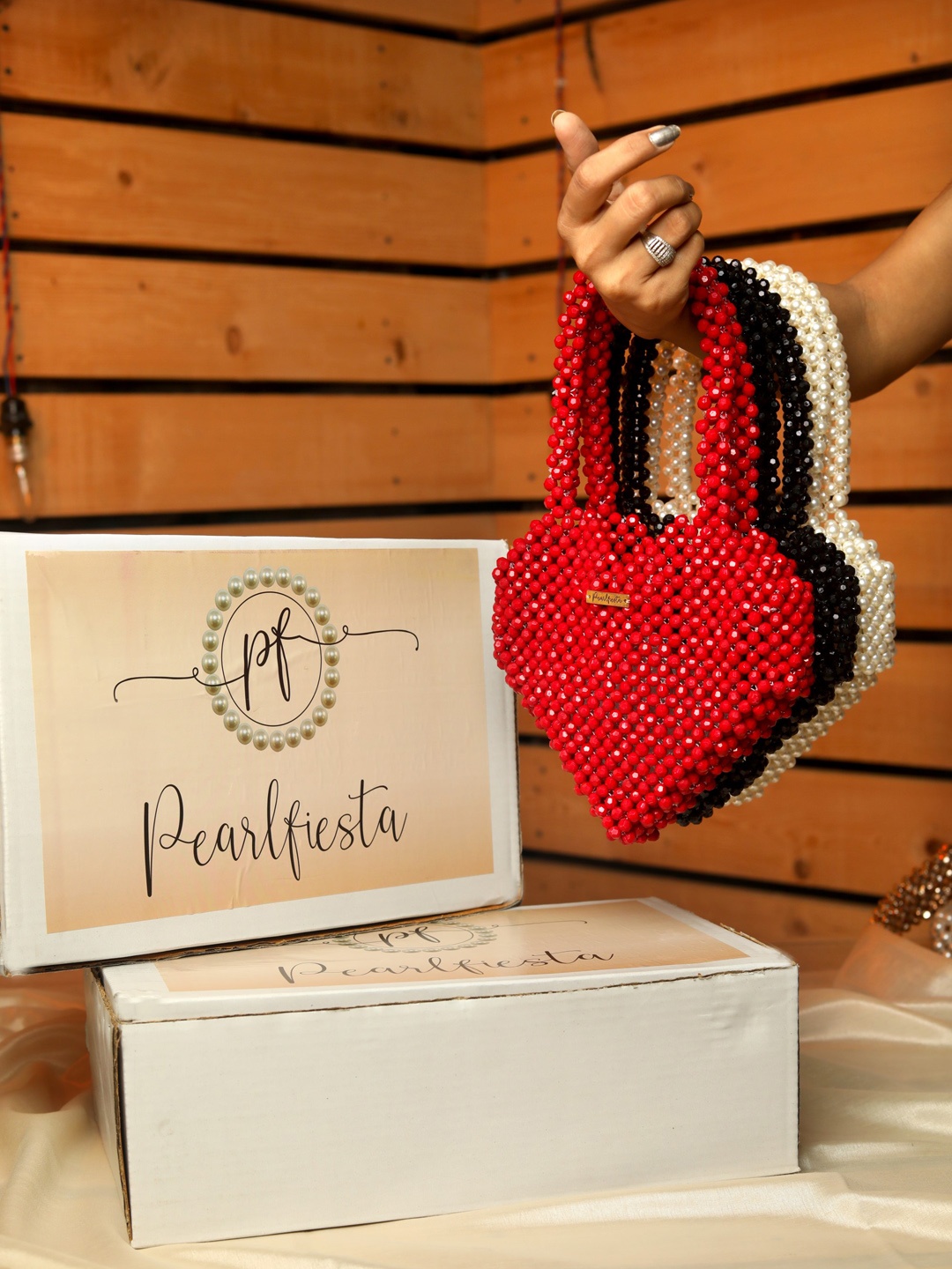 

Pearlfiesta Embellished Crystals Beaded Structured Handheld Bag, Red