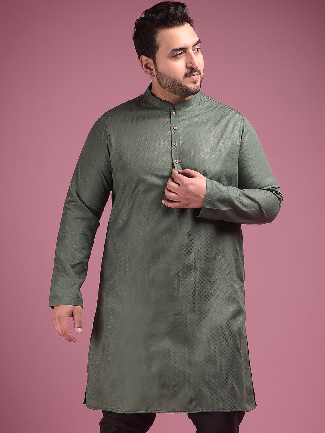 

Sztori Plus Size Mandarin Collar Woven Design Straight Kurta, Green