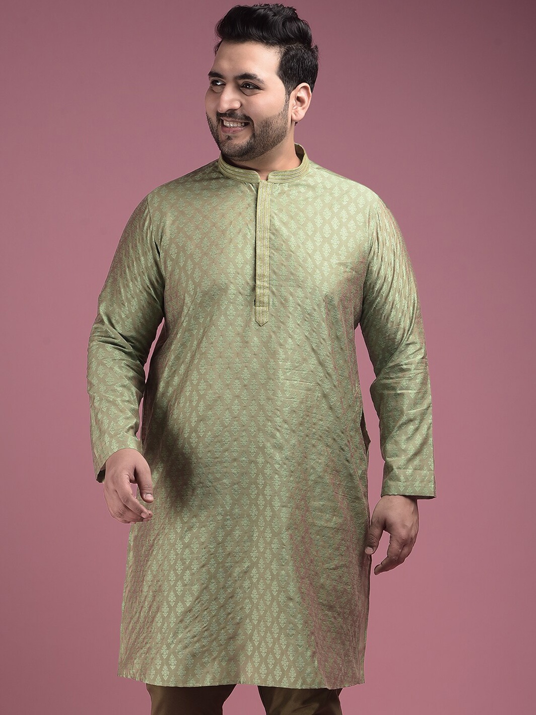 

Sztori Plus Size Mandarin Collar Woven Design Straight Kurta, Green
