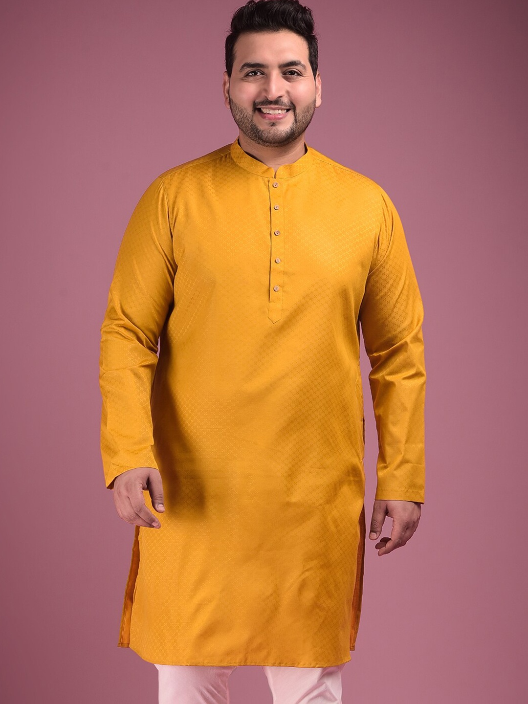 

Sztori Plus Size Mandarin Collar Woven Design Straight Kurta, Yellow