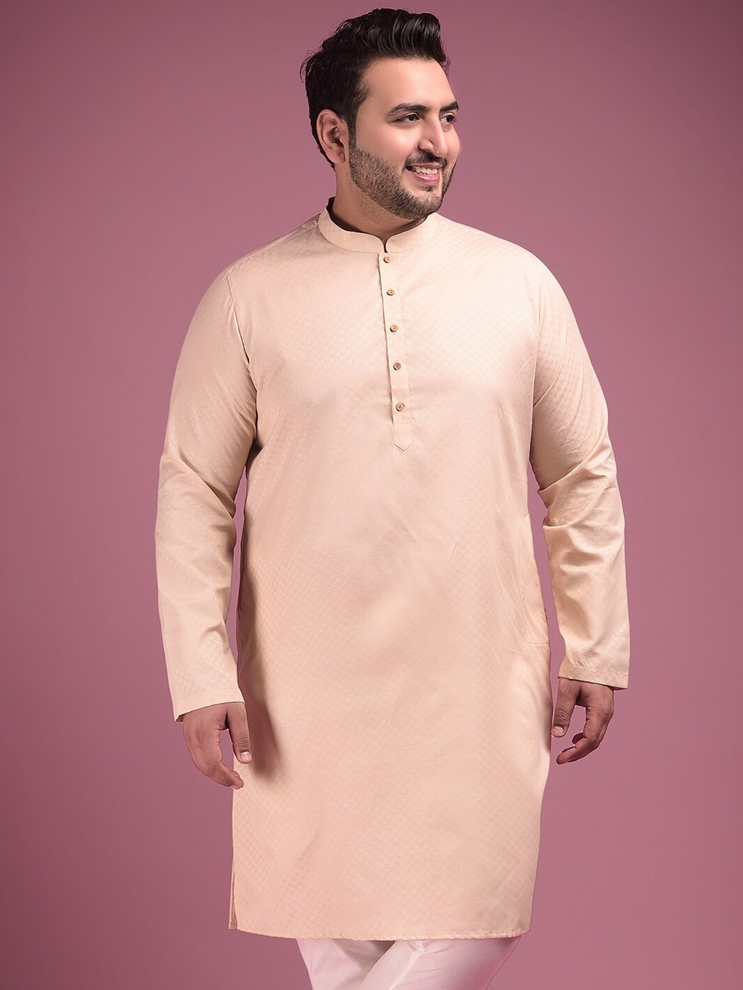 

Sztori Plus Size Mandarin Collar Woven Design Straight Kurta, Pink
