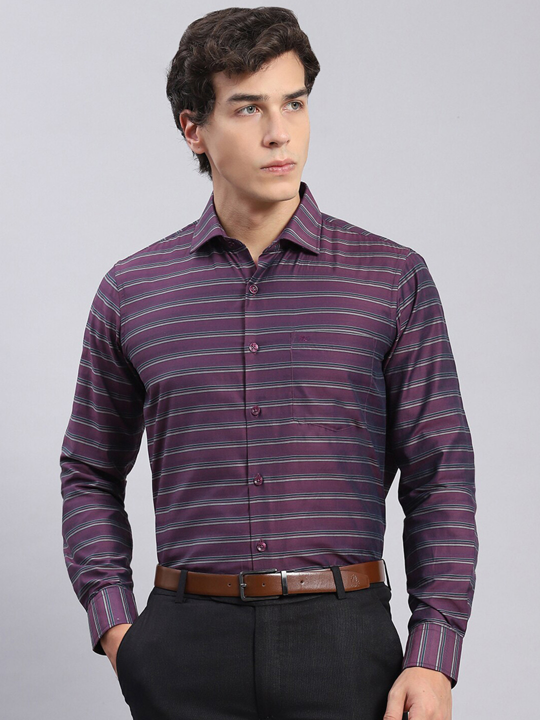 

Monte Carlo Classic Slim Fit Horizontal Stripes Pure Cotton Formal Shirt, Maroon