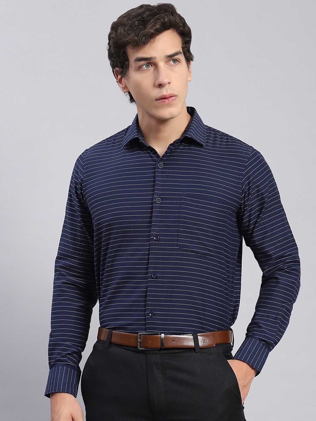 

Monte Carlo Classic Slim Fit Horizontal Stripes Pure Cotton Formal Shirt, Navy blue