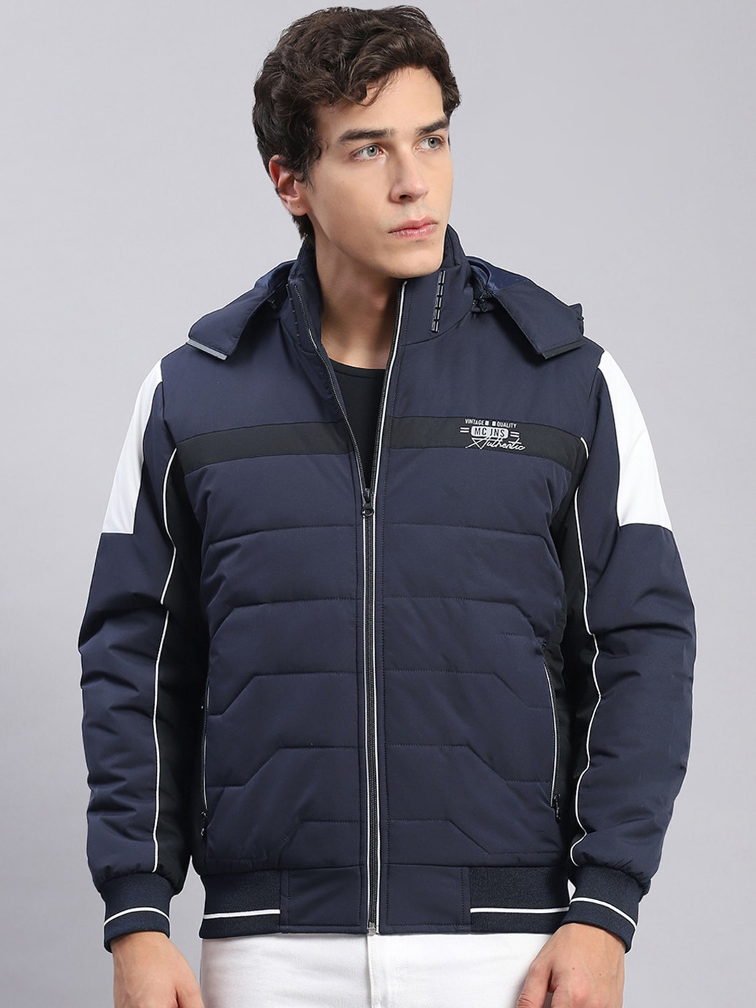 

Monte Carlo Men Navy Blue Striped Lightweight Padded Jacket with Patchwork