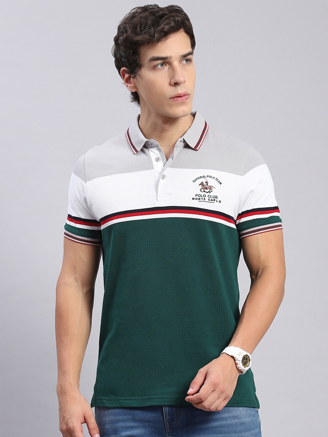 

Monte Carlo Striped Polo Collar Casual T-shirt, Green