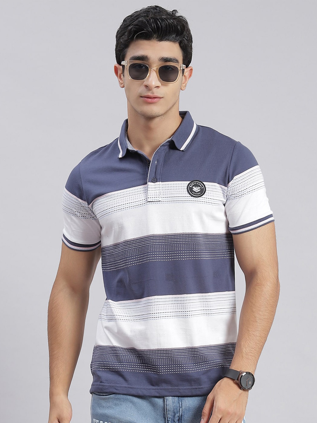 

Monte Carlo Striped Polo Collar Casual T-shirt, Blue
