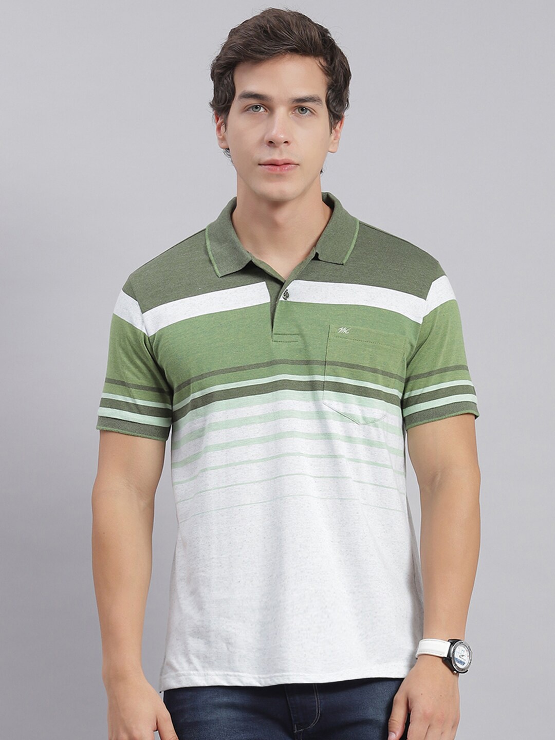 

Monte Carlo Striped Polo Collar Casual T-shirt, Green