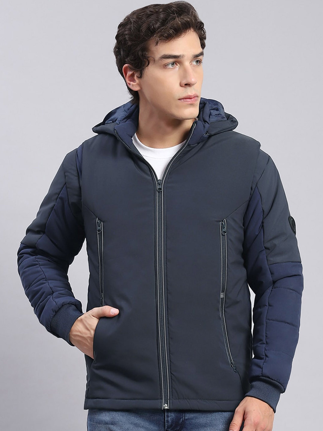 

Monte Carlo Hooded Lightweight Zip Detail Padded Jacket, Navy blue