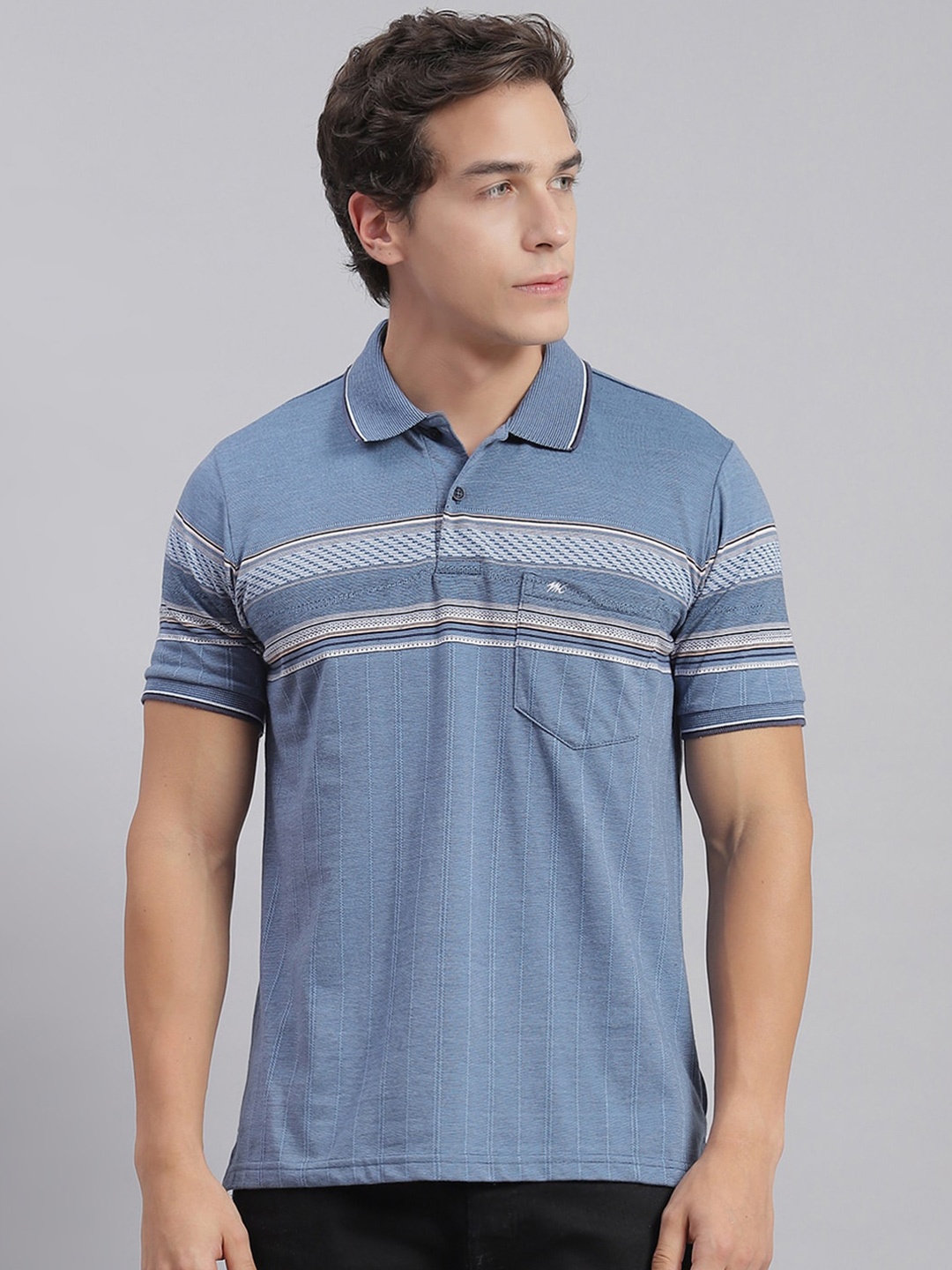 

Monte Carlo Striped Polo Collar T-shirt, Blue