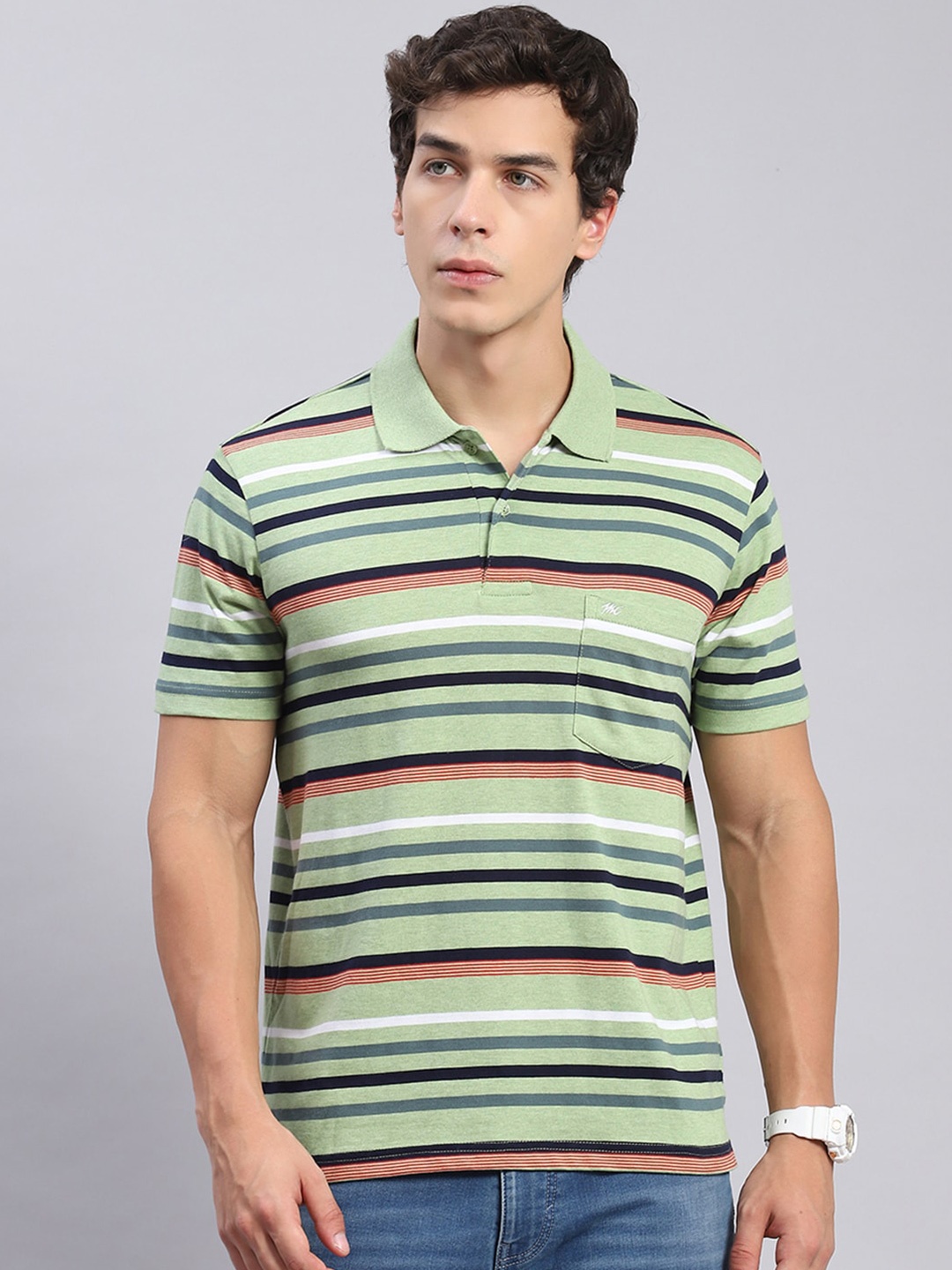 

Monte Carlo Striped Polo Collar T-shirt, Green