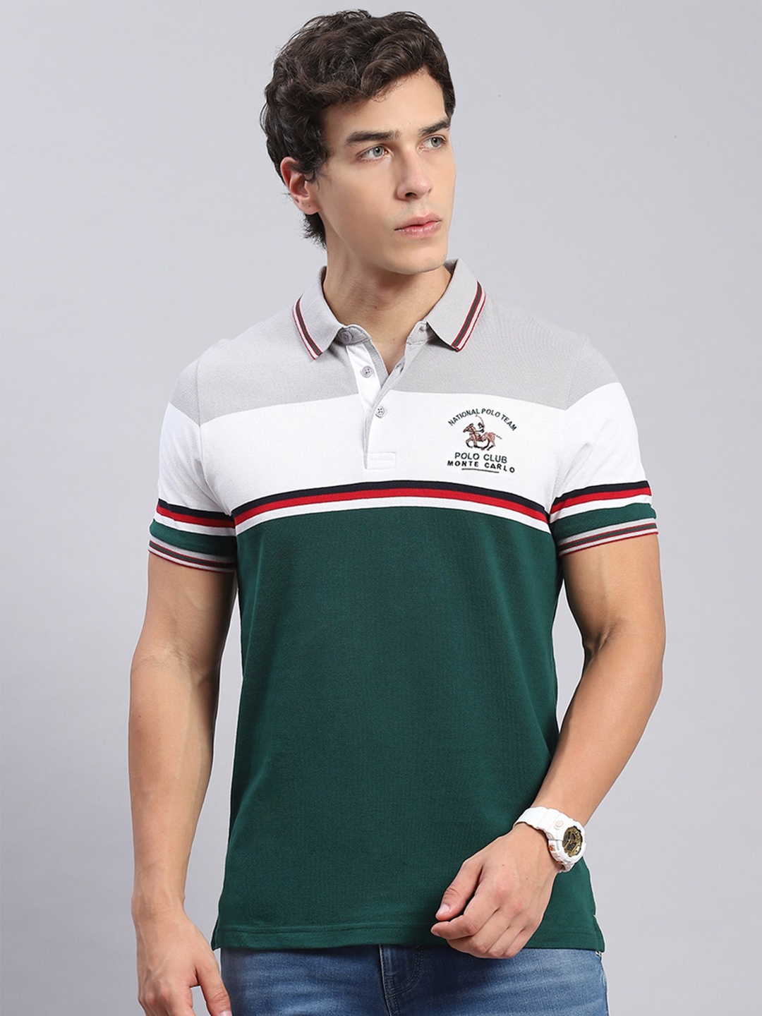 

Monte Carlo Colourblocked Polo Collar T-shirt, Green