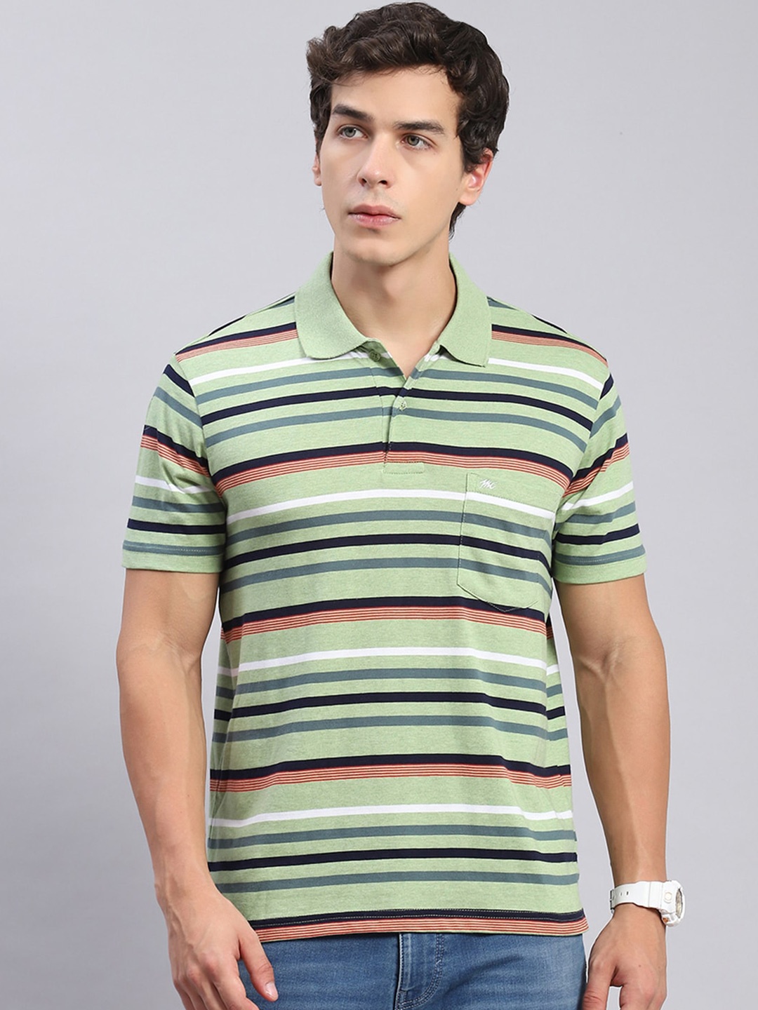 

Monte Carlo Striped Polo Collar T-shirt, Green