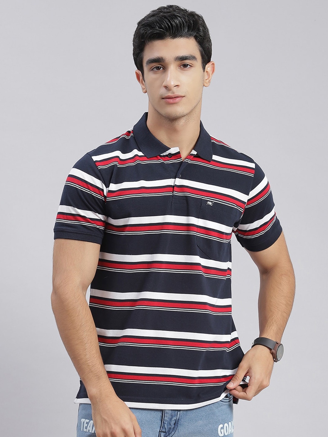 

Monte Carlo Striped Polo Collar T-shirt, Blue
