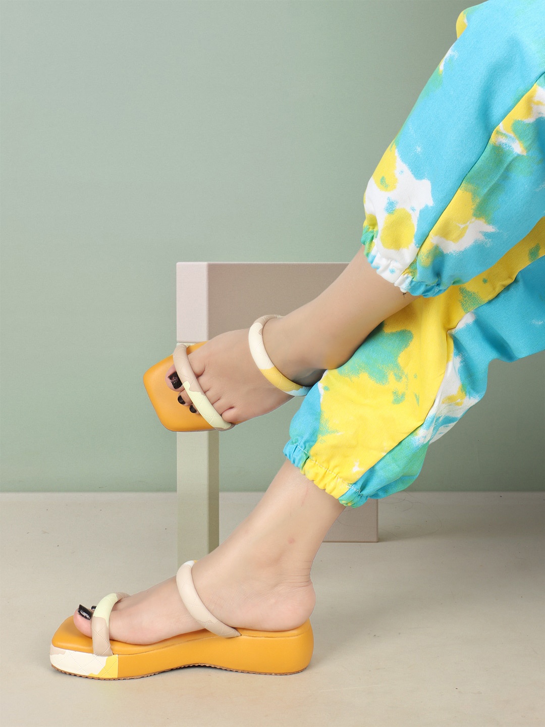 

ICONICS Printed Open Toe Flatform Heels, Mustard