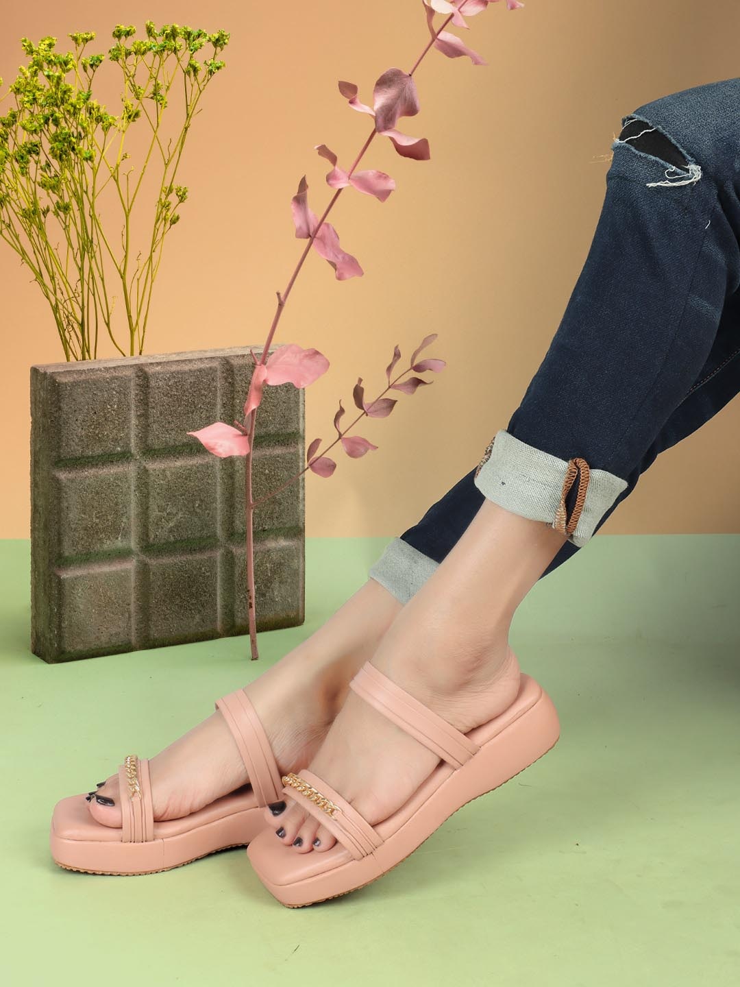 

ICONICS Embellished Open Toe Flatform Heels, Peach