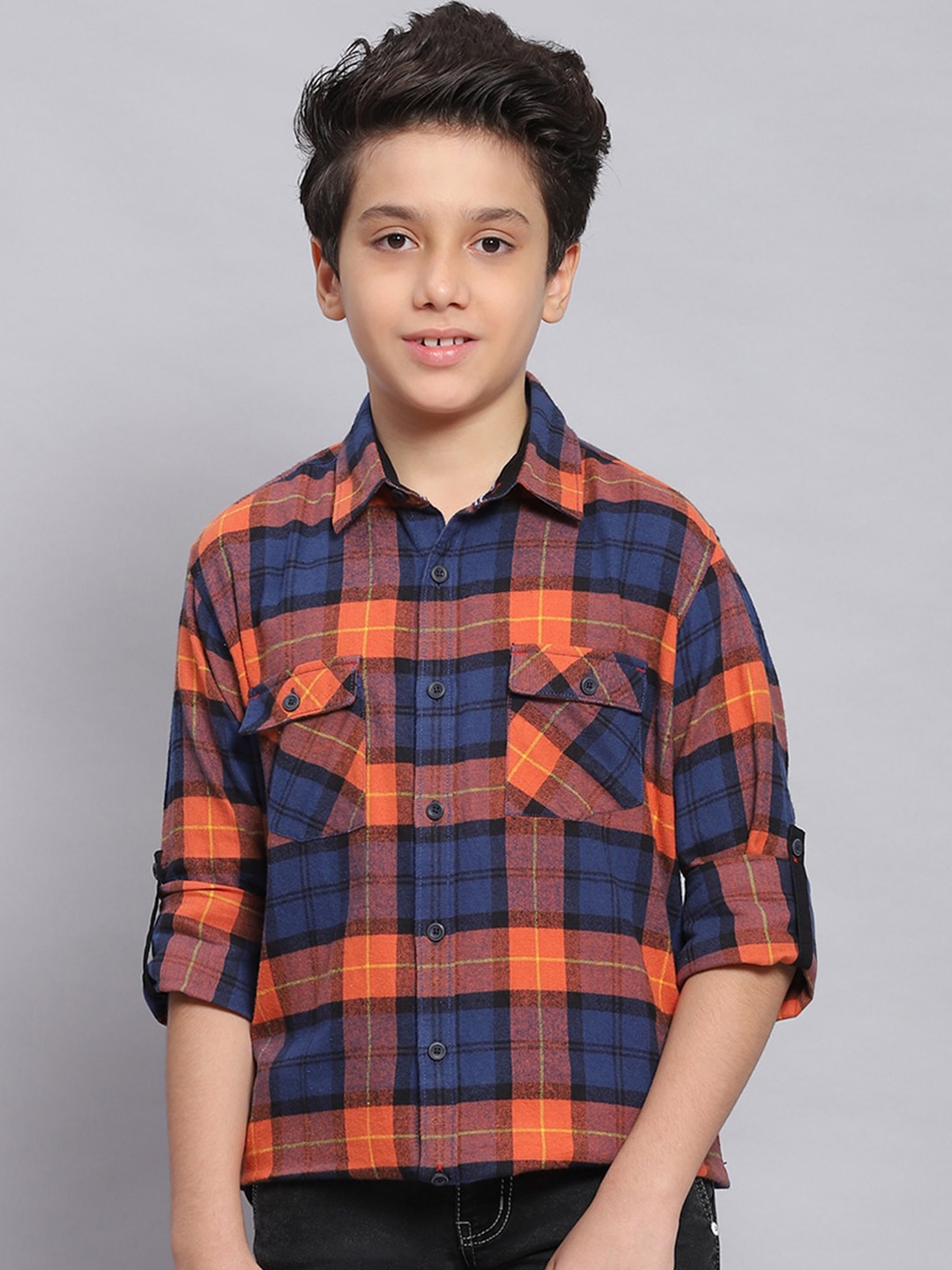 

Monte Carlo Boys Classic Slim Fit Tartan Checked Casual Pure Cotton Shirt, Orange