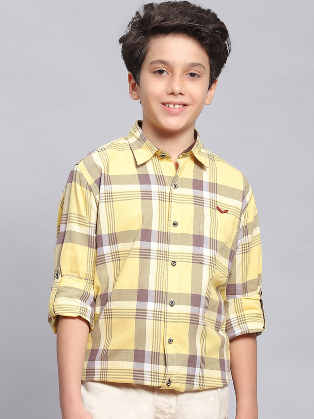 

Monte Carlo Boys Classic Slim Fit Checked Roll-Up Sleeves Pure Cotton Casual Shirt, Yellow