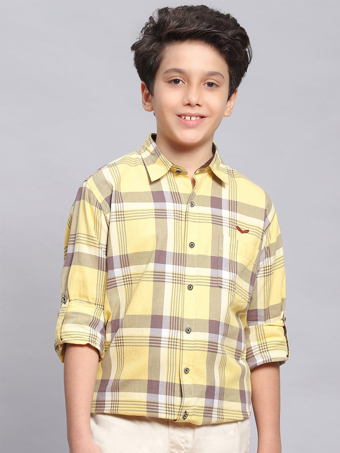 

Monte Carlo Boys Classic Slim Fit Checked Roll-Up Sleeves Pure Cotton Casual Shirt, Yellow