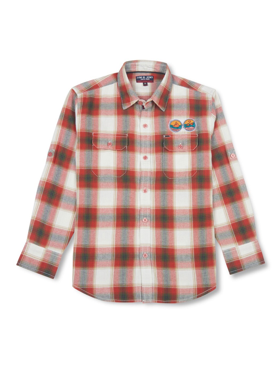 

Gini and Jony Boys Tartan Checked Roll-Up Sleeves Cotton Casual Shirt, White
