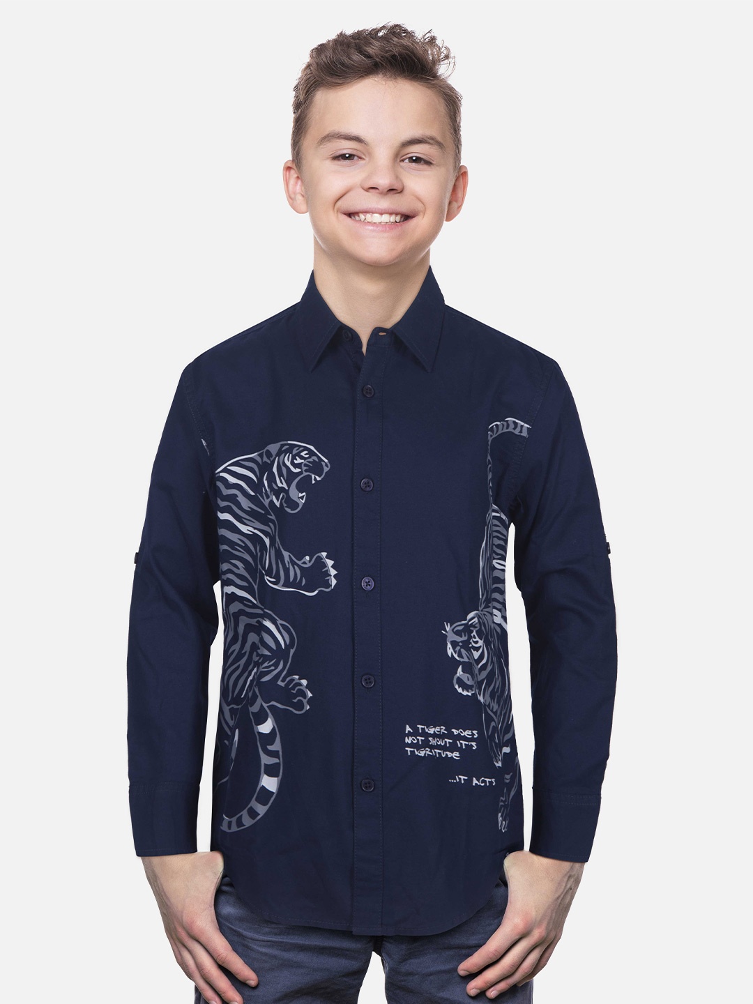 

Gini and Jony Boys Regular Fit Graphic Printed Spread Collar Cotton Casual Shirt, Navy blue