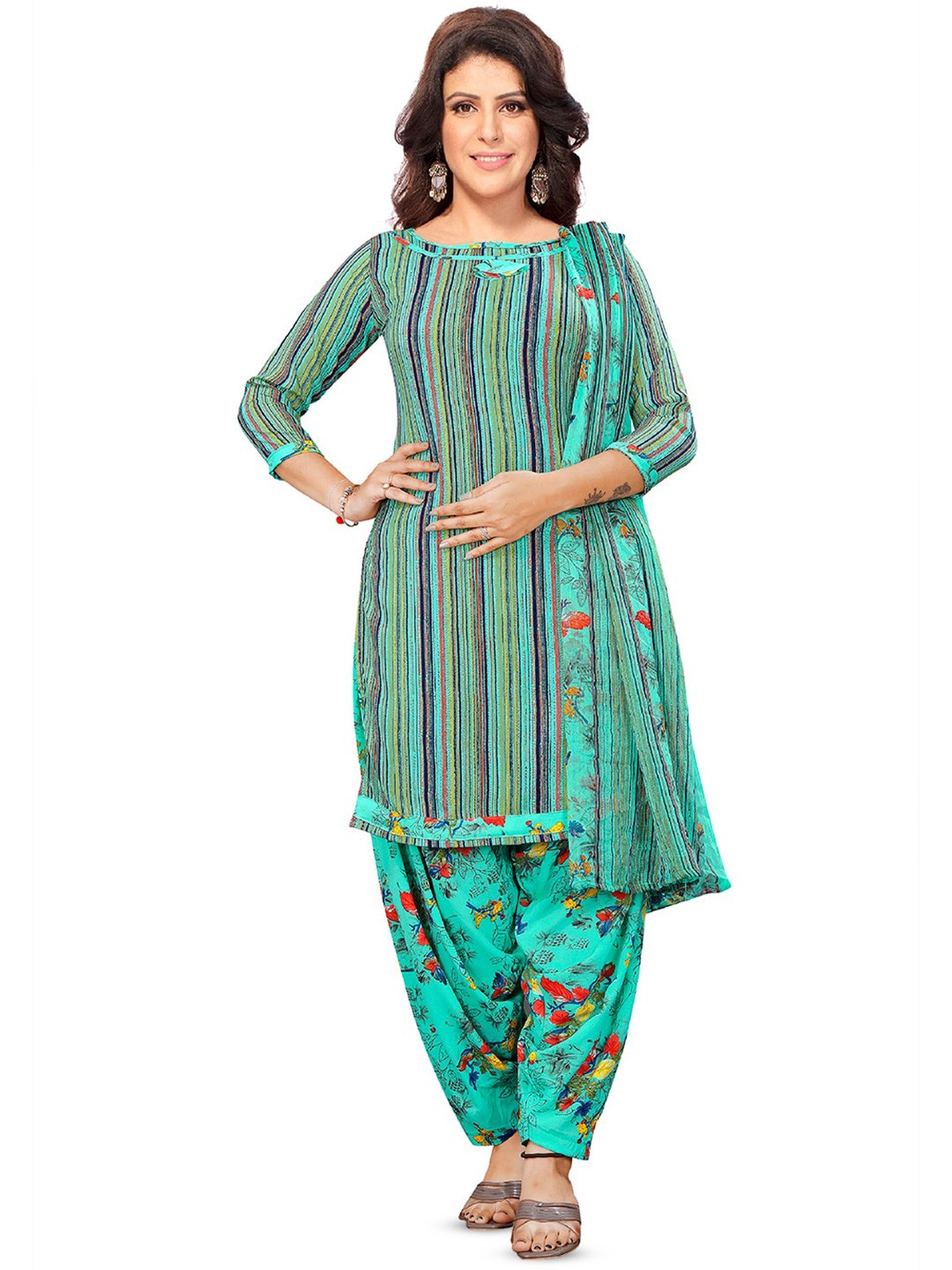 

SALWAR STUDIO Striped Unstitched Dress Material, Green