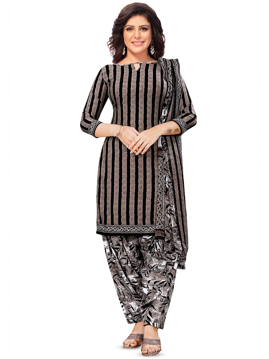 

SALWAR STUDIO Striped Unstitched Dress Material, Taupe