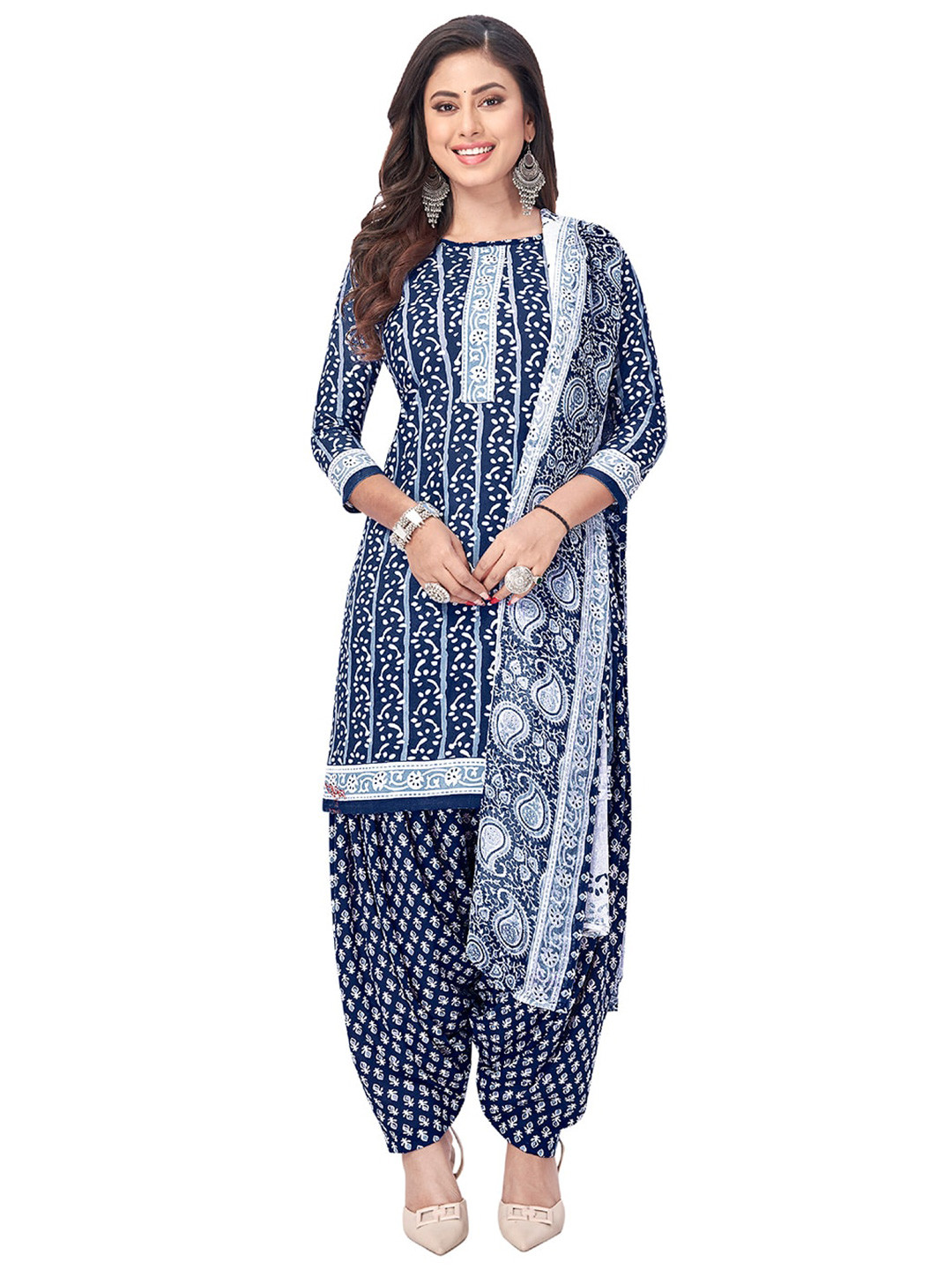 

SALWAR STUDIO Ethnic Motifs Printed Unstitched Dress Material, Navy blue