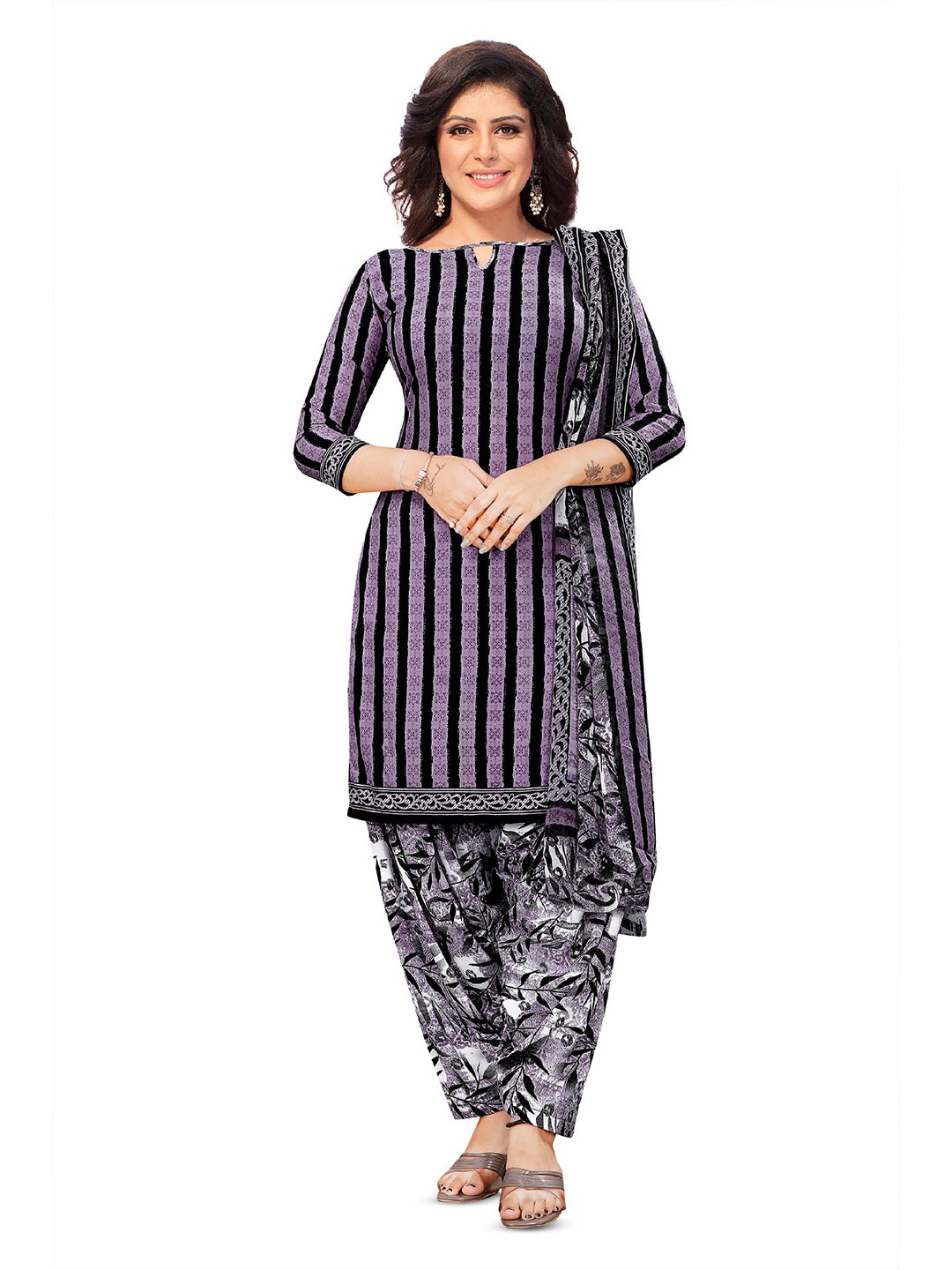 

SALWAR STUDIO Striped Unstitched Dress Material, Lavender