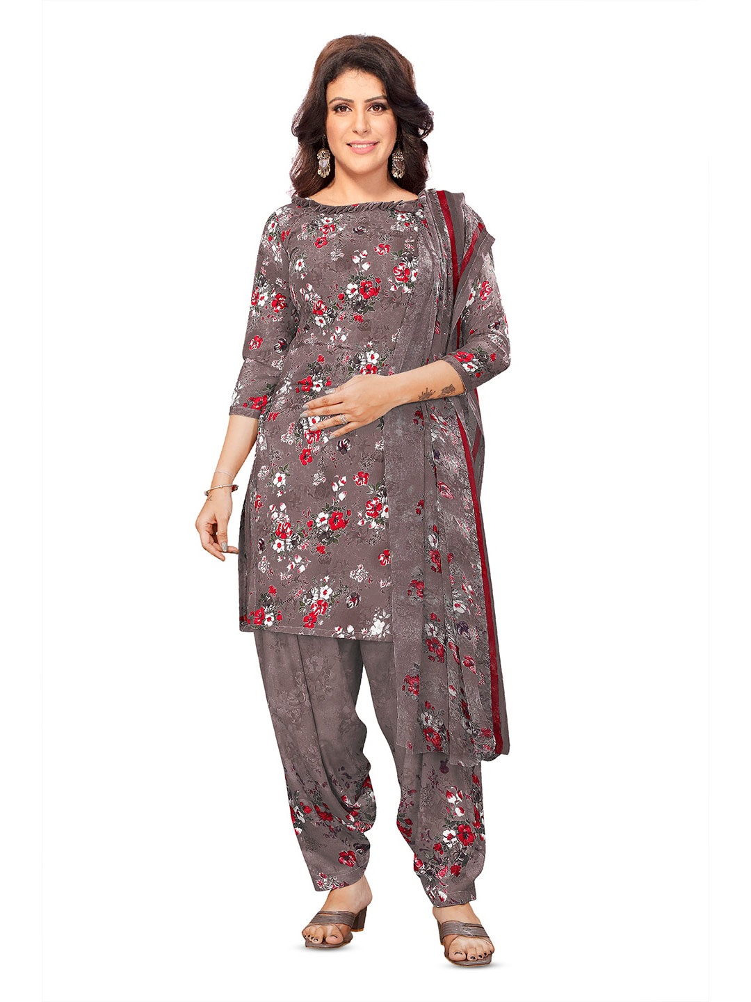 

SALWAR STUDIO Floral Printed Unstitched Dress Material, Brown