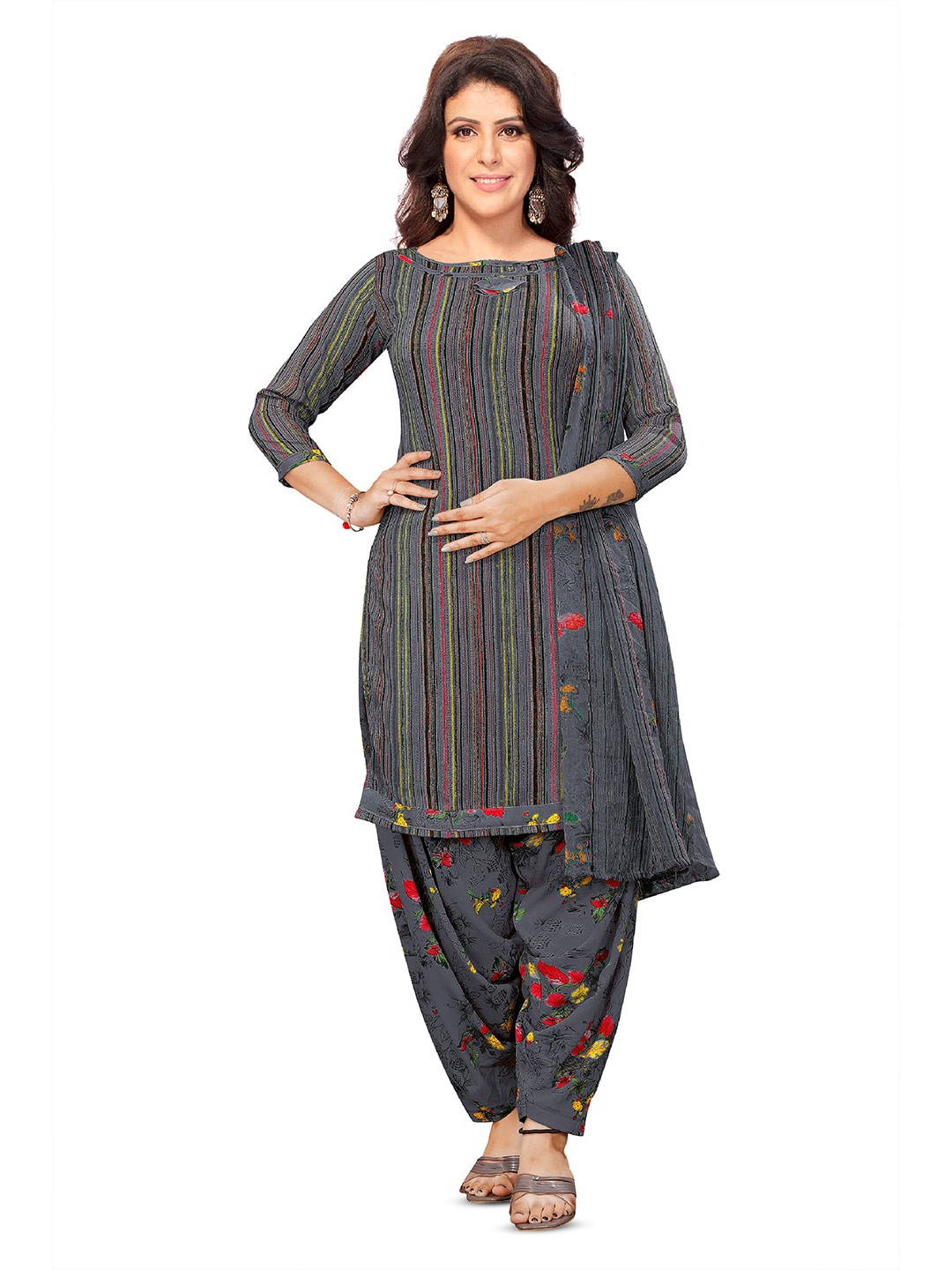 

SALWAR STUDIO Striped Unstitched Dress Material, Grey