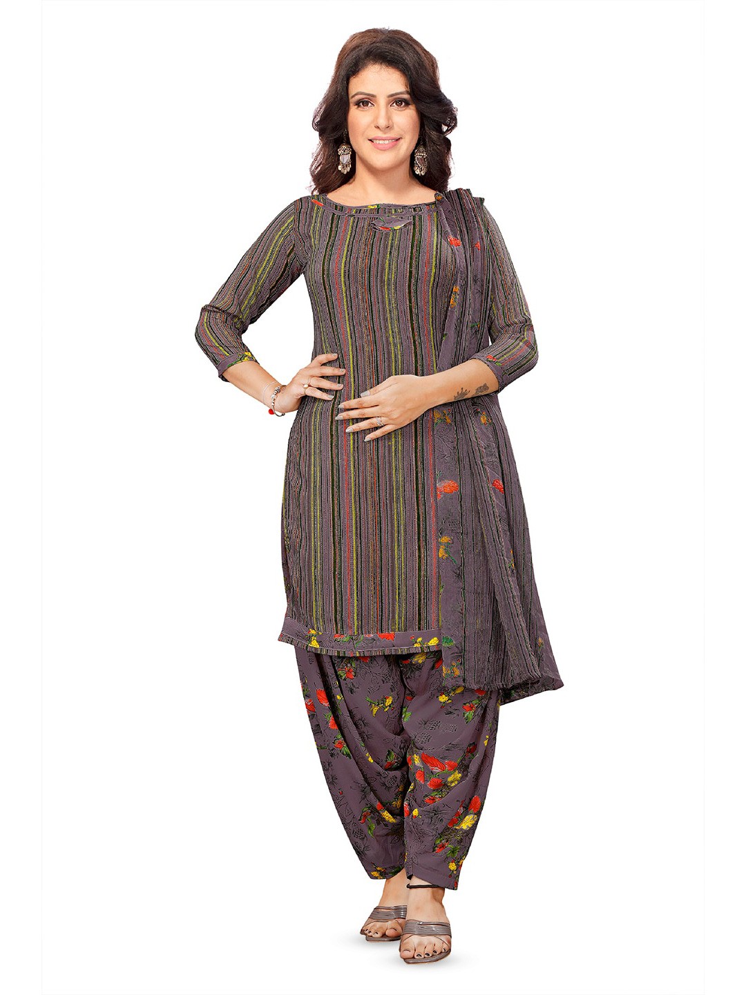 

SALWAR STUDIO Striped Unstitched Dress Material, Brown