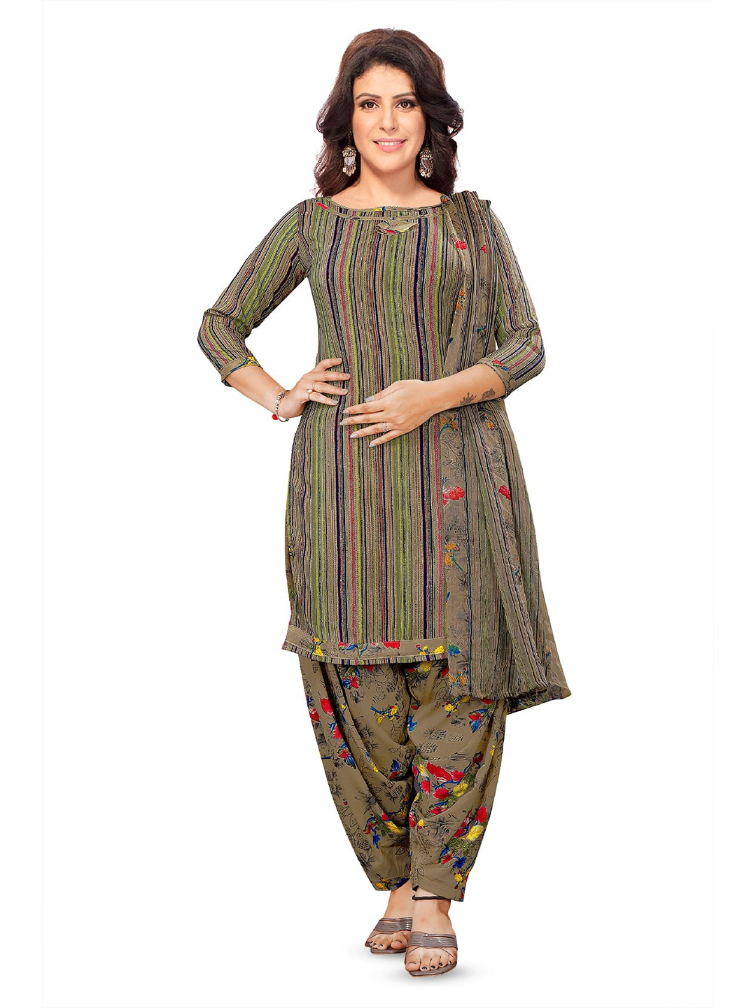 

SALWAR STUDIO Printed Unstitched Dress Material, Olive