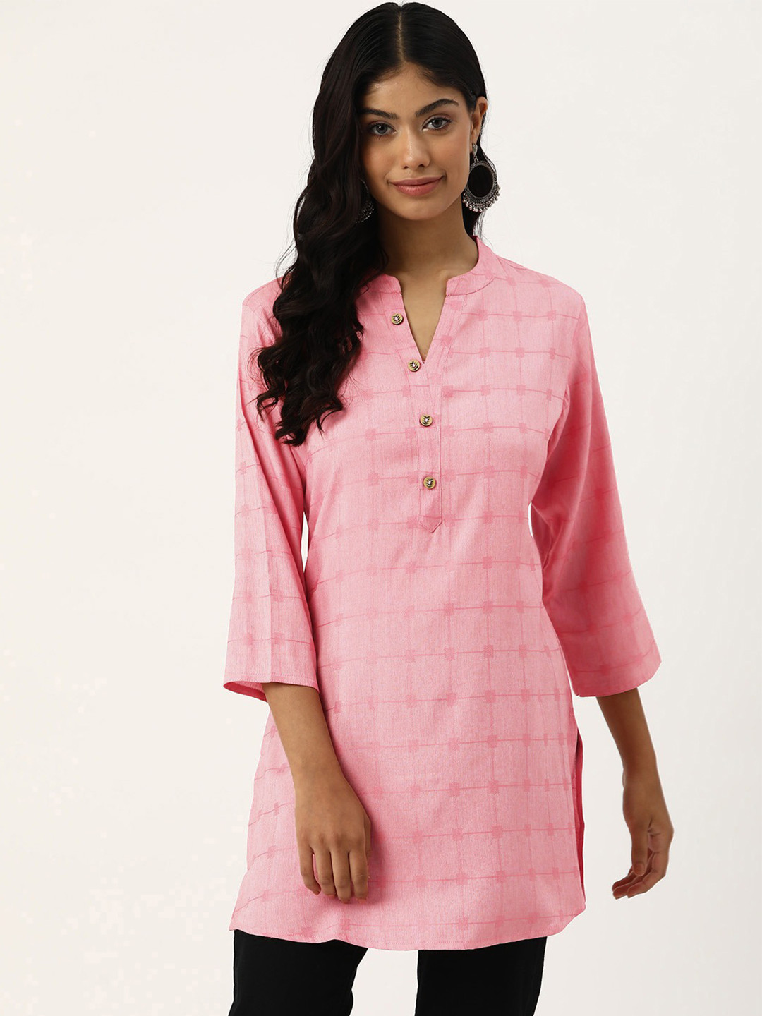 

Sangria Woven Design Mandarin Collar Straight Short Kurti, Peach