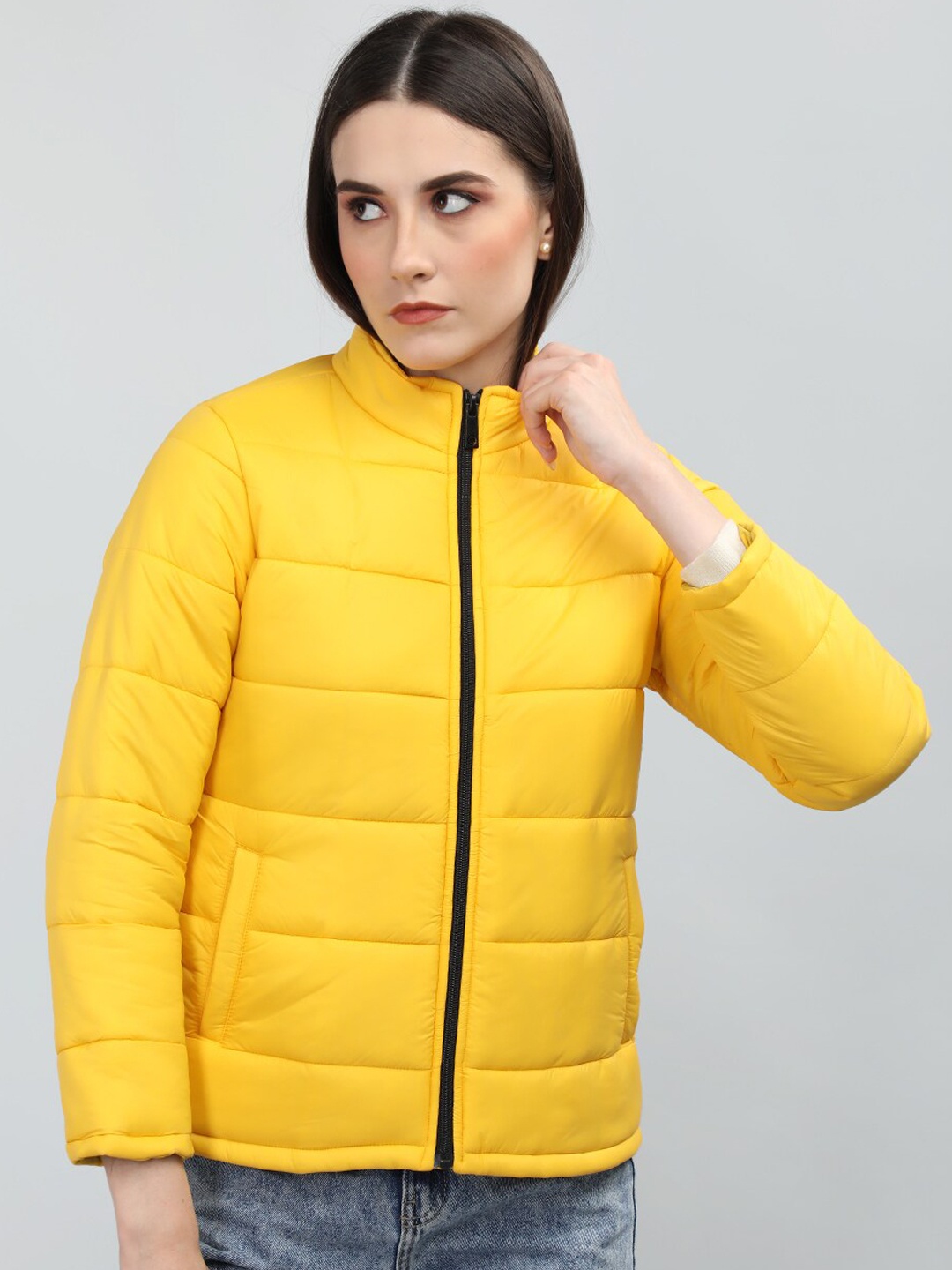 

CHKOKKO Women Yellow Lightweight Crop Outdoor Puffer Jacket
