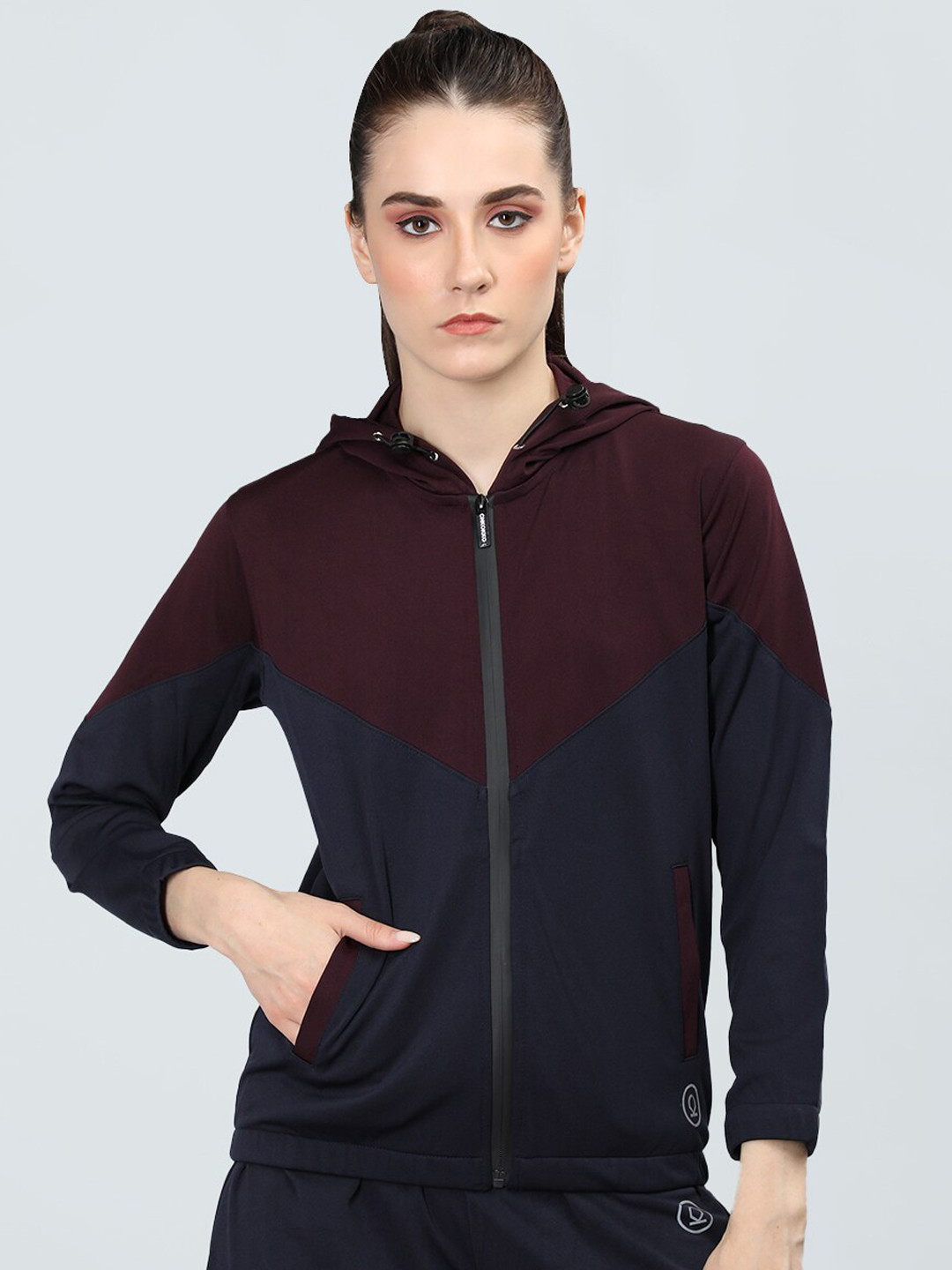 

CHKOKKO Colourblocked Hooded Lightweight Sporty Jacket, Maroon