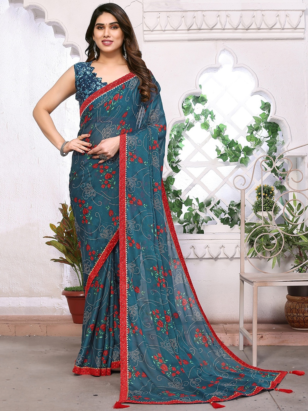 Rangita Floral Printed Gotta Patti Saree, Teal