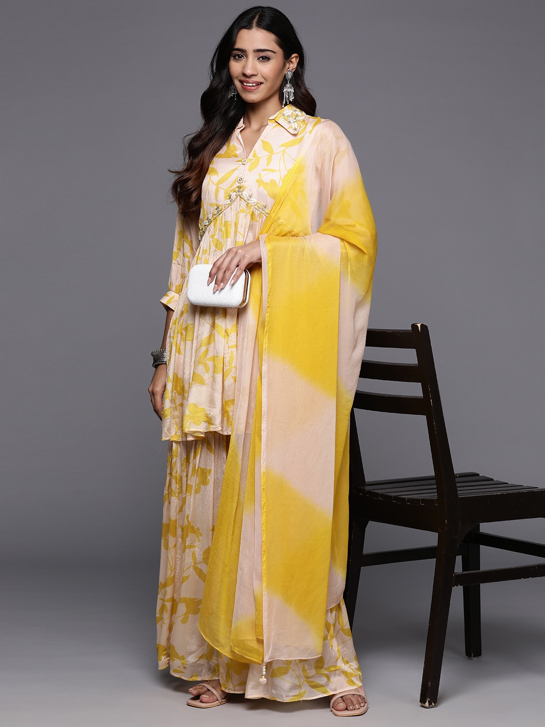 

Varanga Floral Embroidered Empire Beads & Stones Pure Silk Kurti with Sharara & Dupatta, Cream