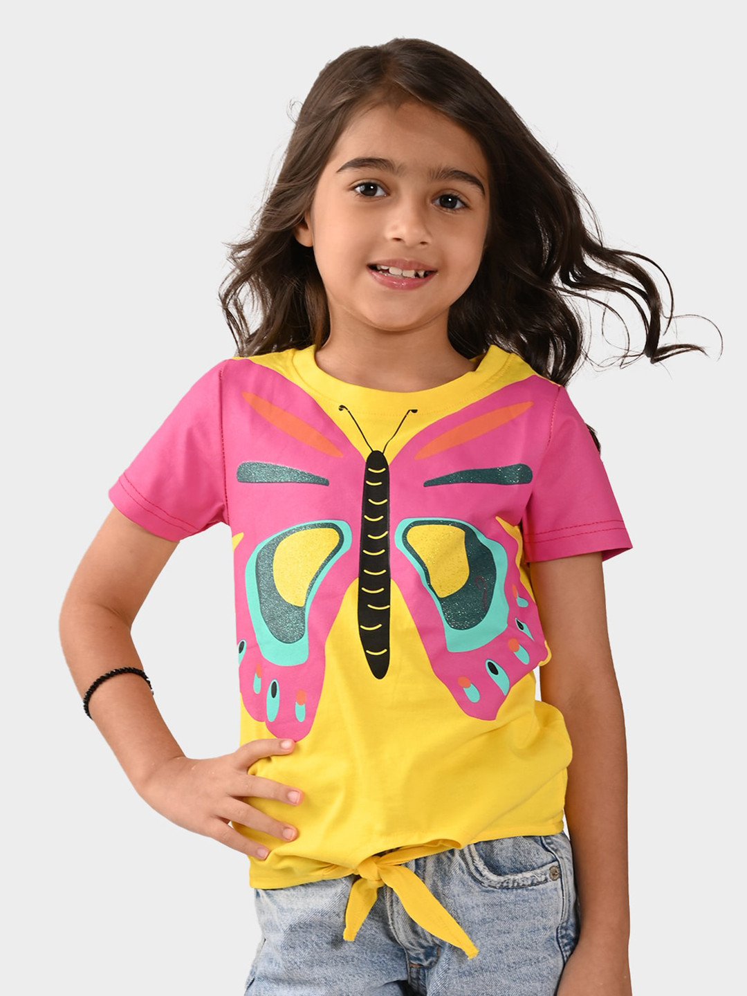

BONKIDS Girls Printed Cotton T-shirt, Yellow