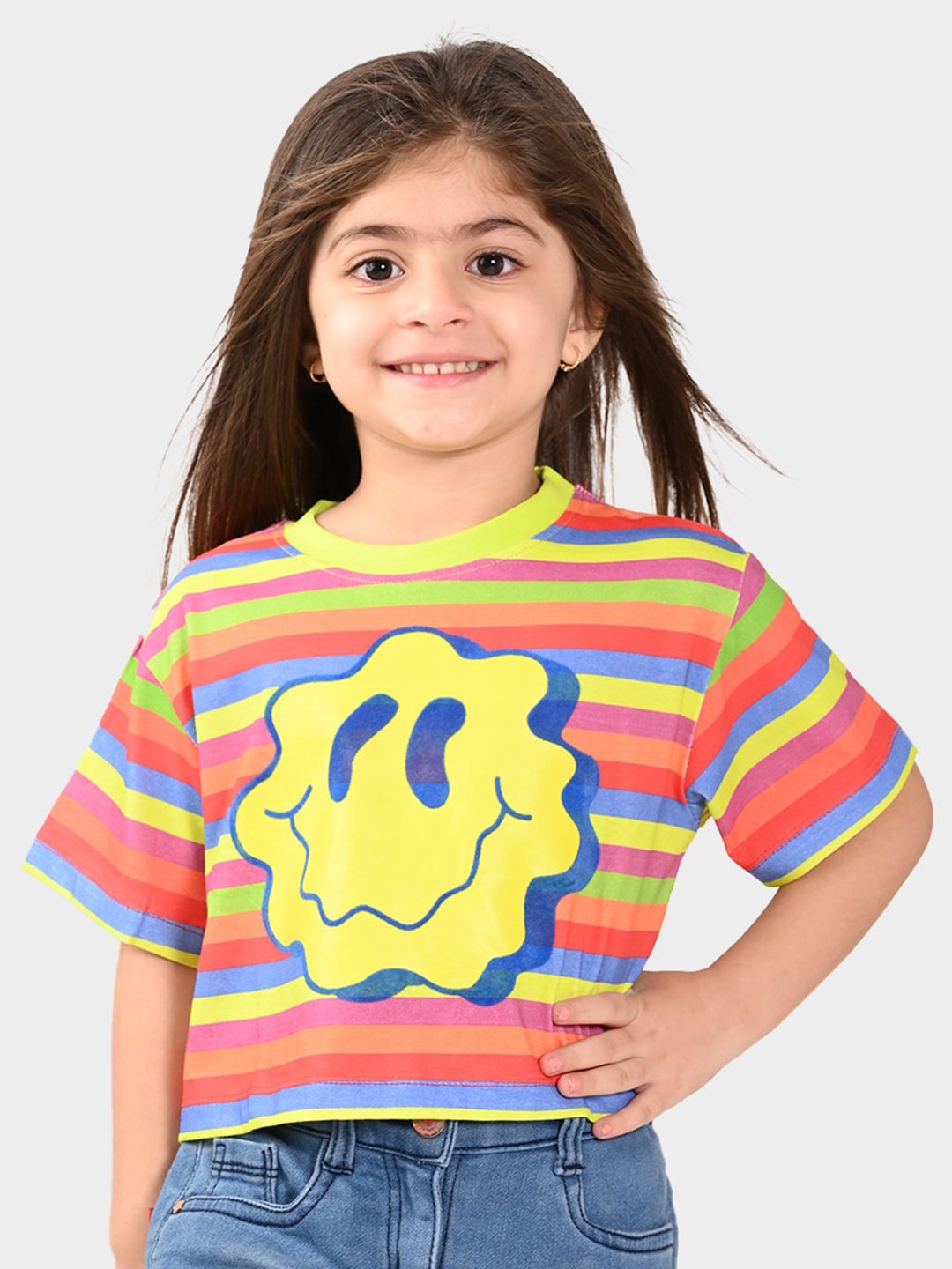 

BONKIDS Girls Striped Cotton Crop T-shirt, Yellow