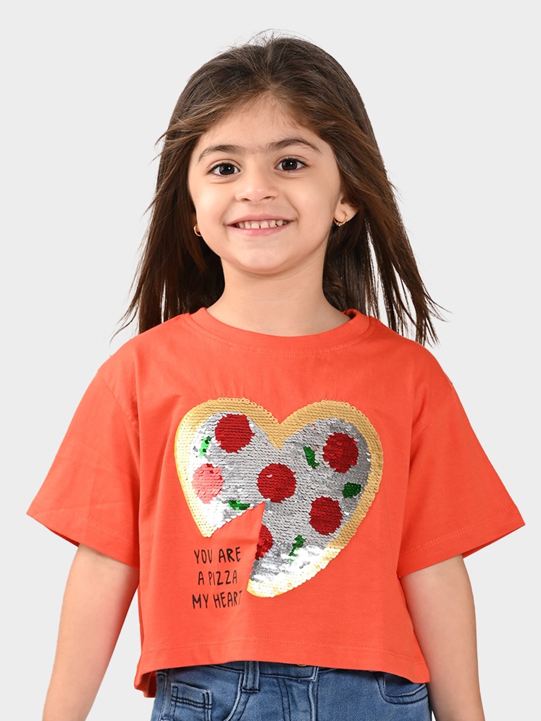 

BONKIDS Girls Embellished Round Neck Cotton T-shirt, Orange