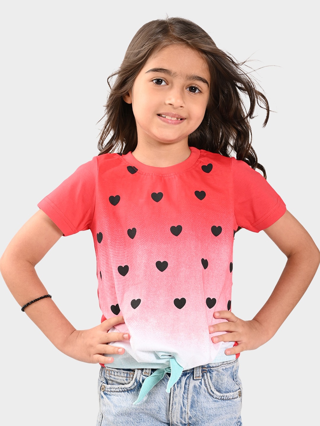 

BONKIDS Girls Printed Cotton T-shirt, Red